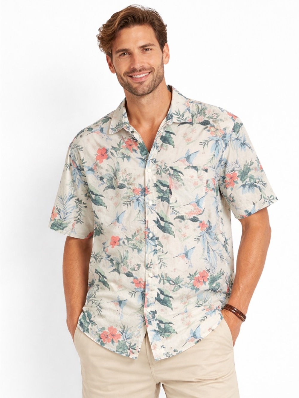 American Eagle Hawaiian Shirt Pink Blue Cream Floral Bird Print Button Up